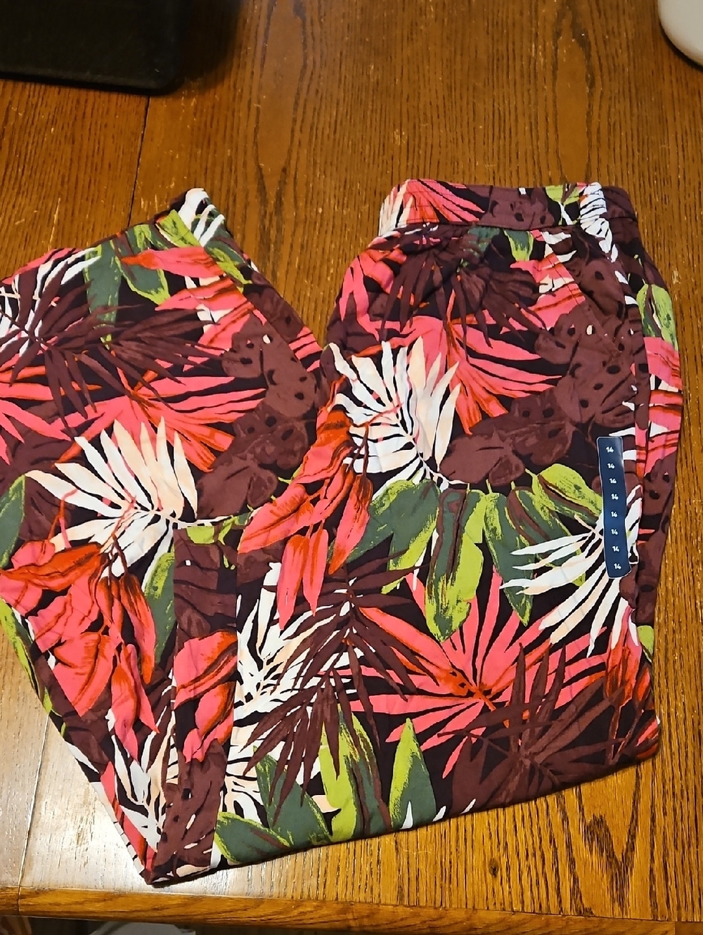 Womens Tropical Leaf Print Pants - Pink & Green